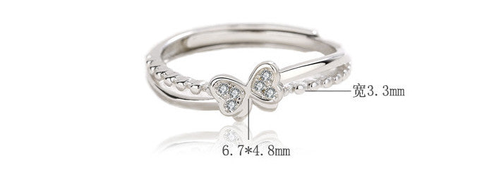 Womens 925 Silver Ring with Bow Knot Design Korean INS Adjustable Opening Diamond Ring for Women Girls Fashion Jewelry Gift
