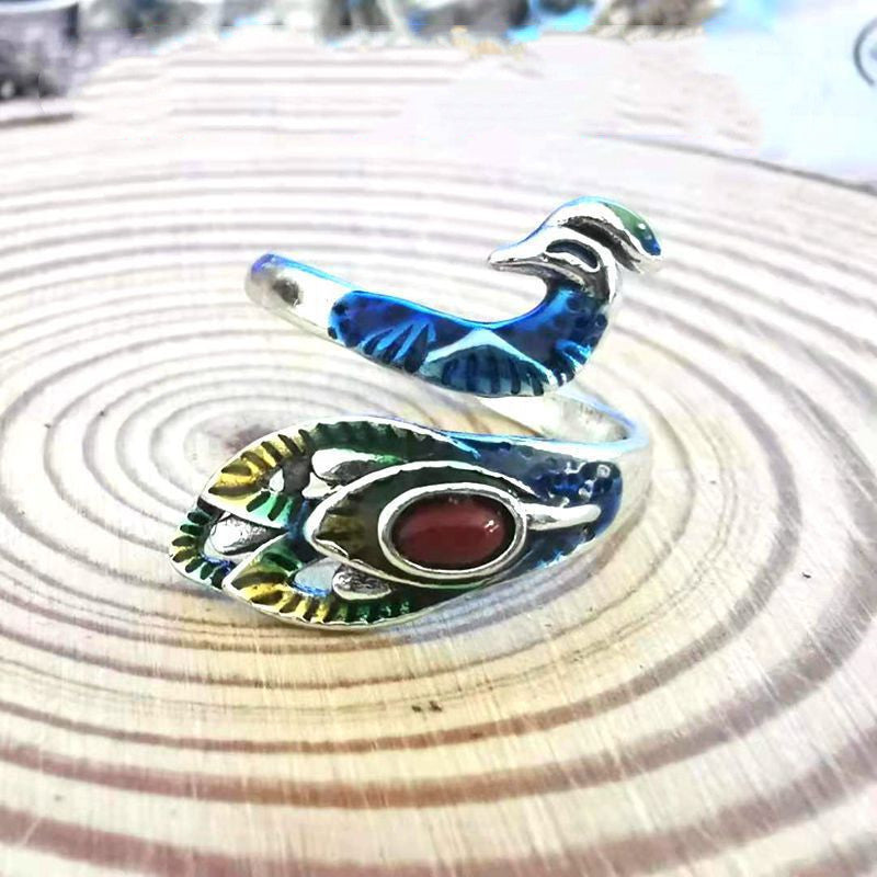 Vintage Unisex Animal Zodiac Ring In Plain Silver Peacock Design Jewelry Gift For Him With Adjustable Fit Gift