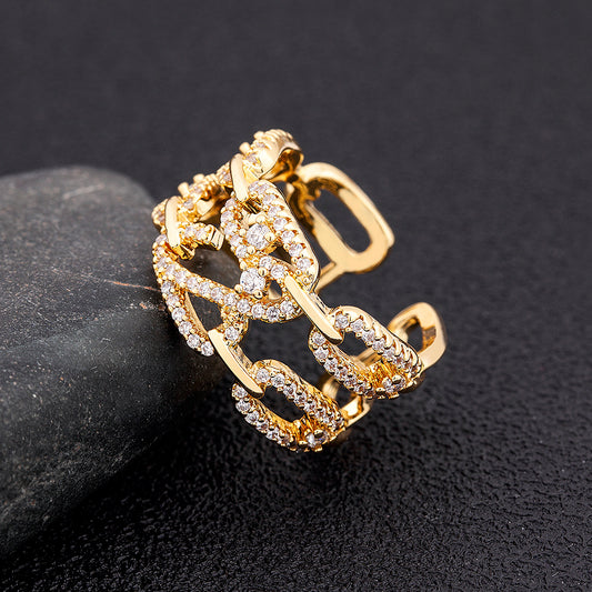 Womens Double Row Zircon Ring With 18K Gold Plated Copper Adjustable Band Elegant Fashion Jewelry Sparkle Glow