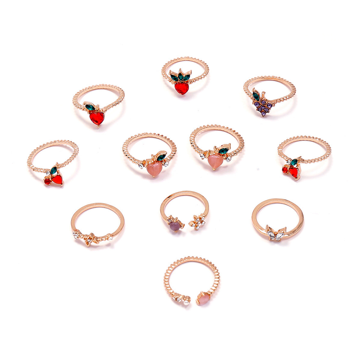 Womens 11 Piece Adjustable Alloy Ring Set With Apple Grape Cherry Peach Fruit Design Fashion Jewelry For Women