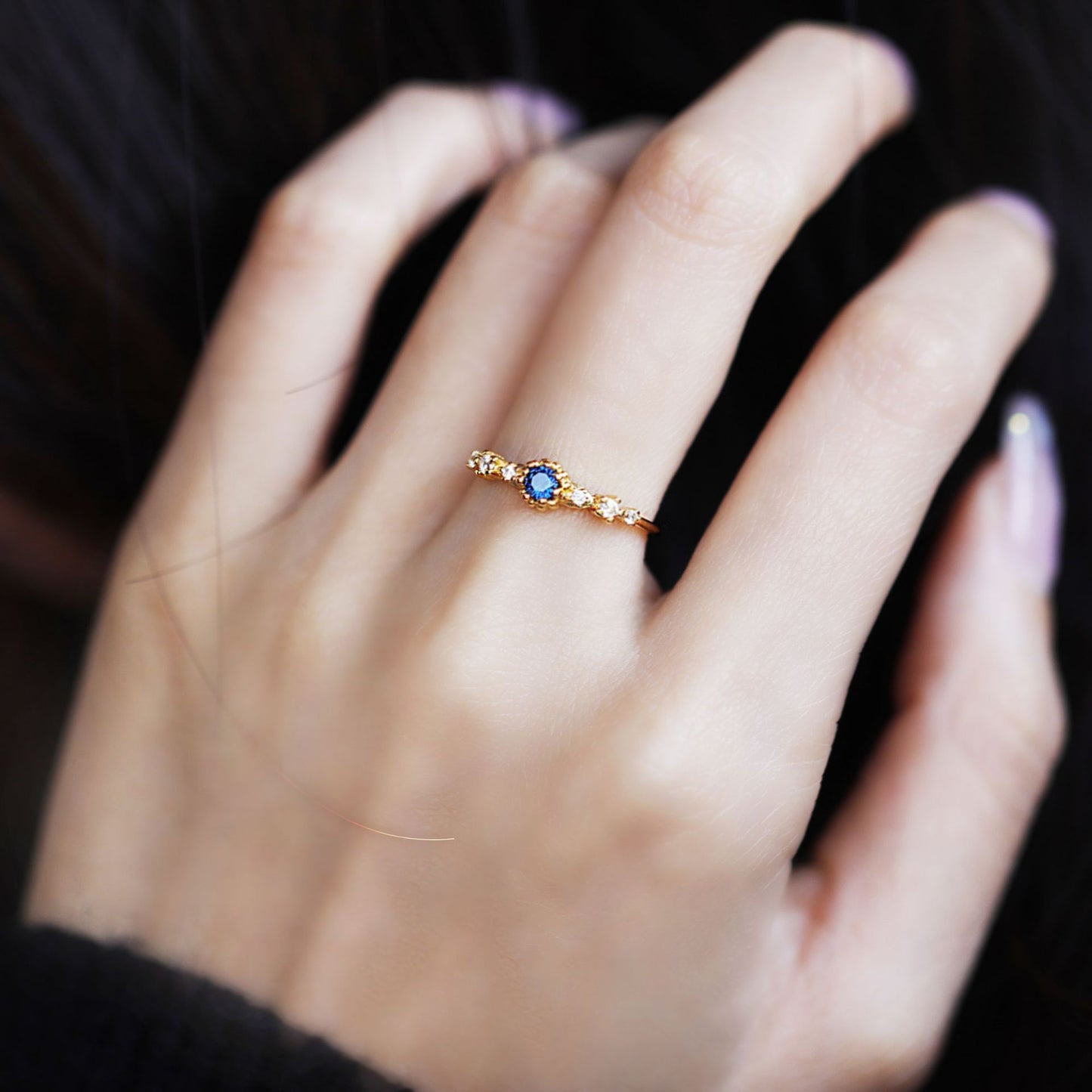 Adjustable Silver Ring Vintage Style Blue Zircon Stone Women
