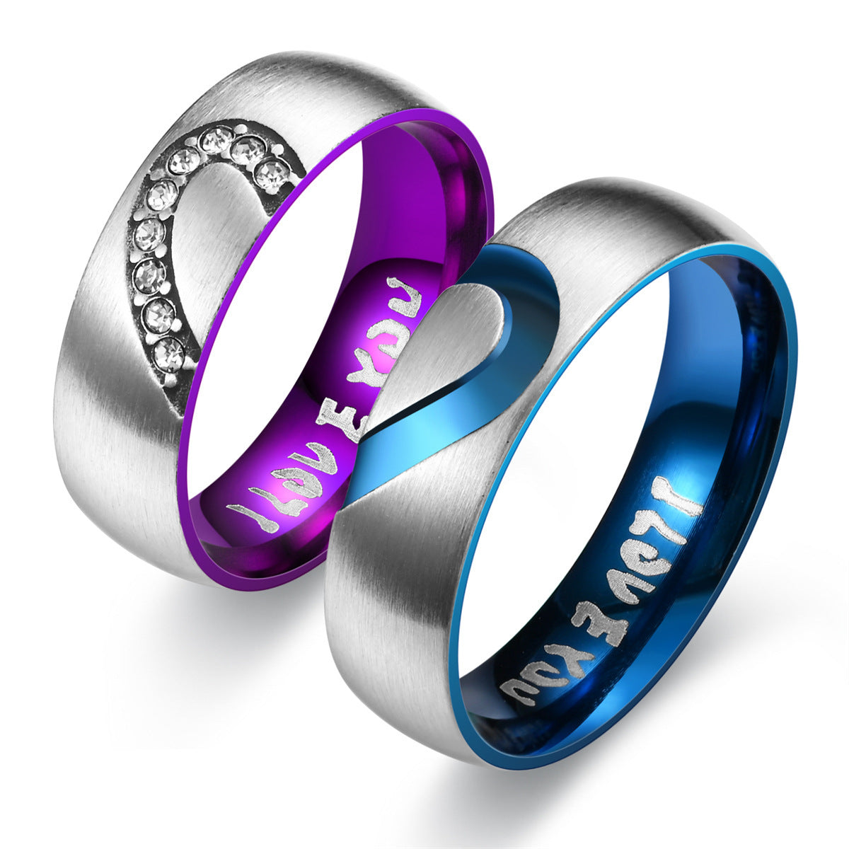 Couple Heart Shaped Stainless Steel Ring Set 6mm Wide Electroplated Blue For Men And Purple For Women Anniversary