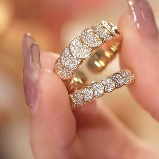 Womens Zircon Ring Gold Plated Copper Geometric Wave Scale Coin Inlay Adjustable Fashion Jewelry Elegant Everyday Wear