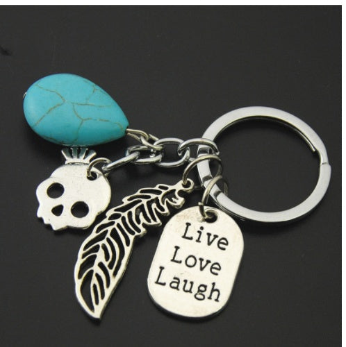 Geometric Skull Keychain Turquoise Accent Alloy Unisex