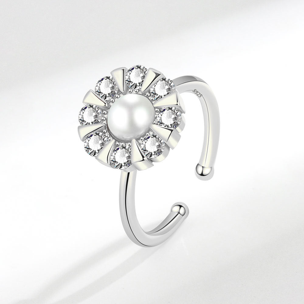 Womens Adjustable Ring With Rotating Zircon Pearl Inlaid Copper Band 13mm Gem Jewelry Fashion Elegant Timeless Piece