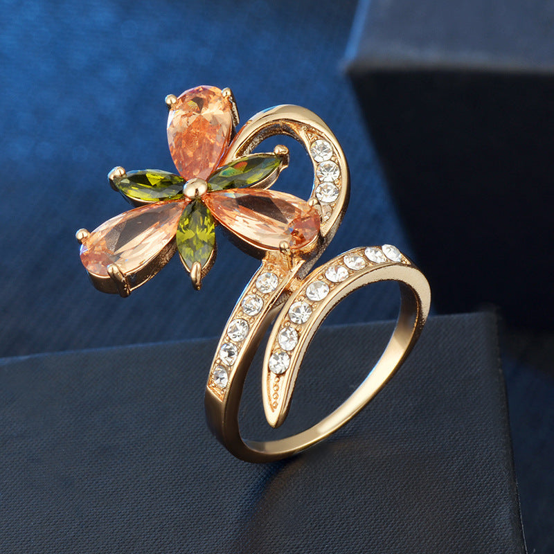 Women's Gold Ring with Water Drop Zircon Diamond Inlay Copper Flower Ring Hand Jewelry Fashion Ring Elegant Ring for Her Gift for Women
