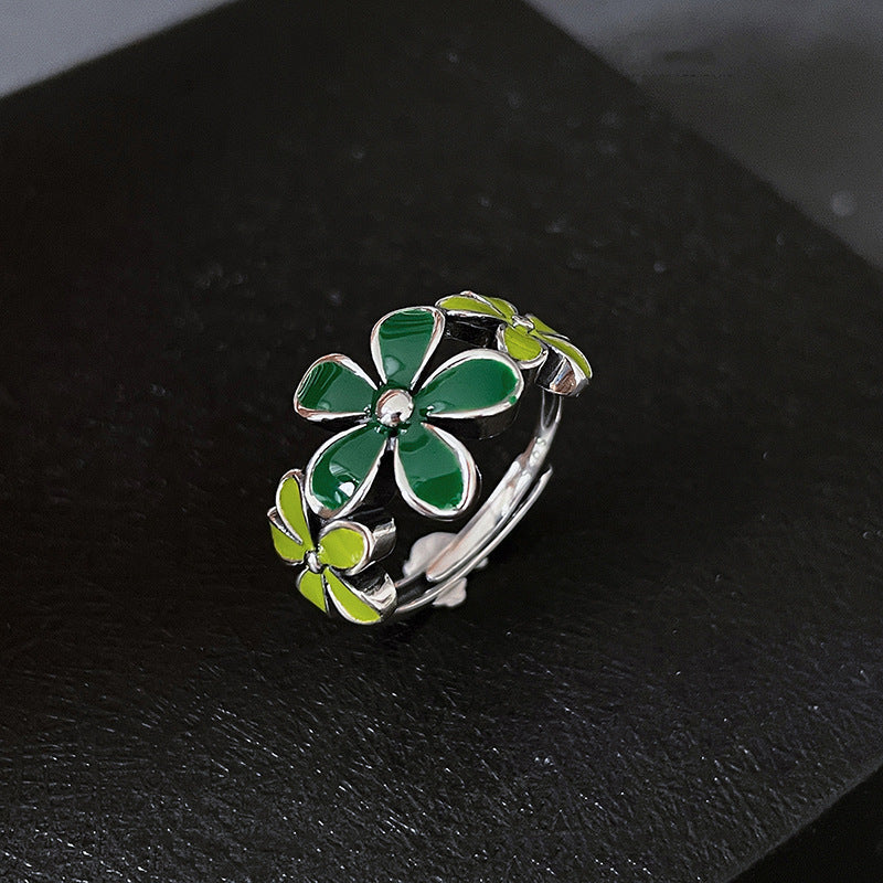Enamel Green Flower Ring Adjustable Copper Jewelry Gift