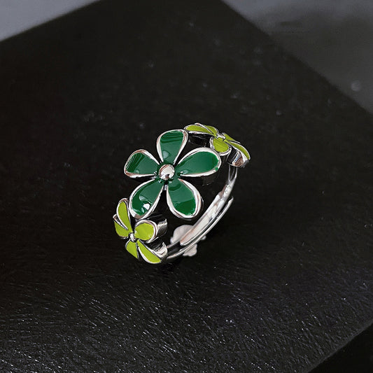 Enamel Green Flower Ring Adjustable Copper Jewelry Gift
