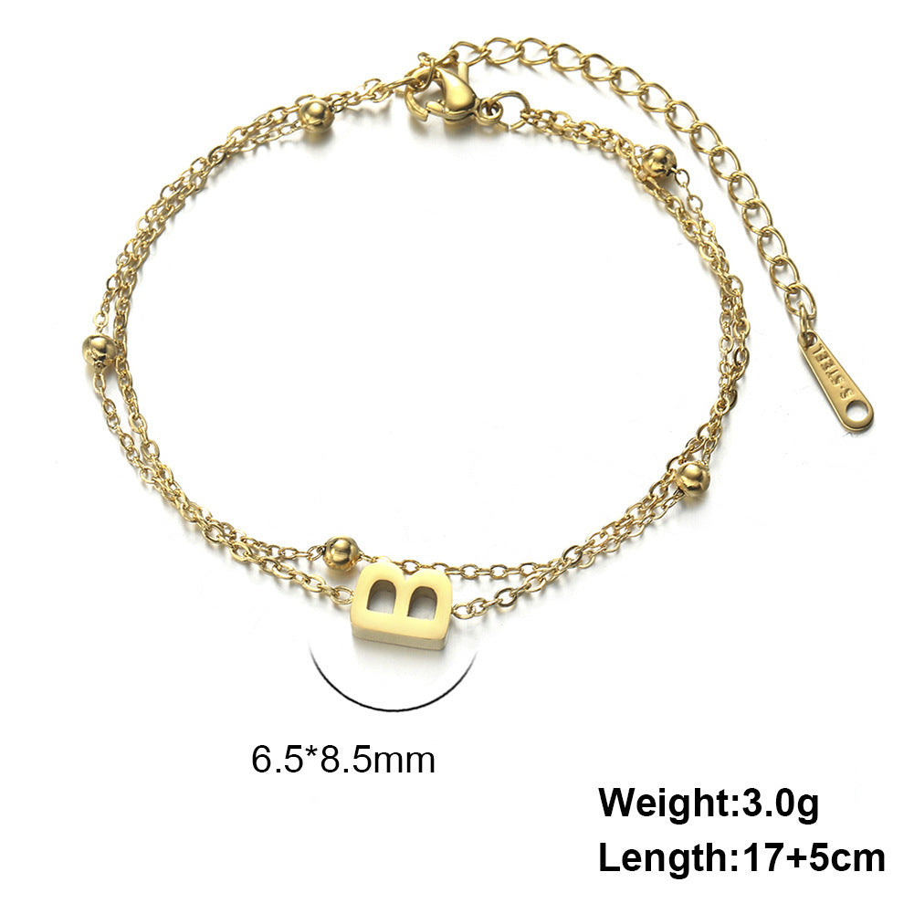 Womens Stainless Steel Double Layer Chain Bracelet With Initial Pendant Electroplated Finish Jewelry Gift Gold