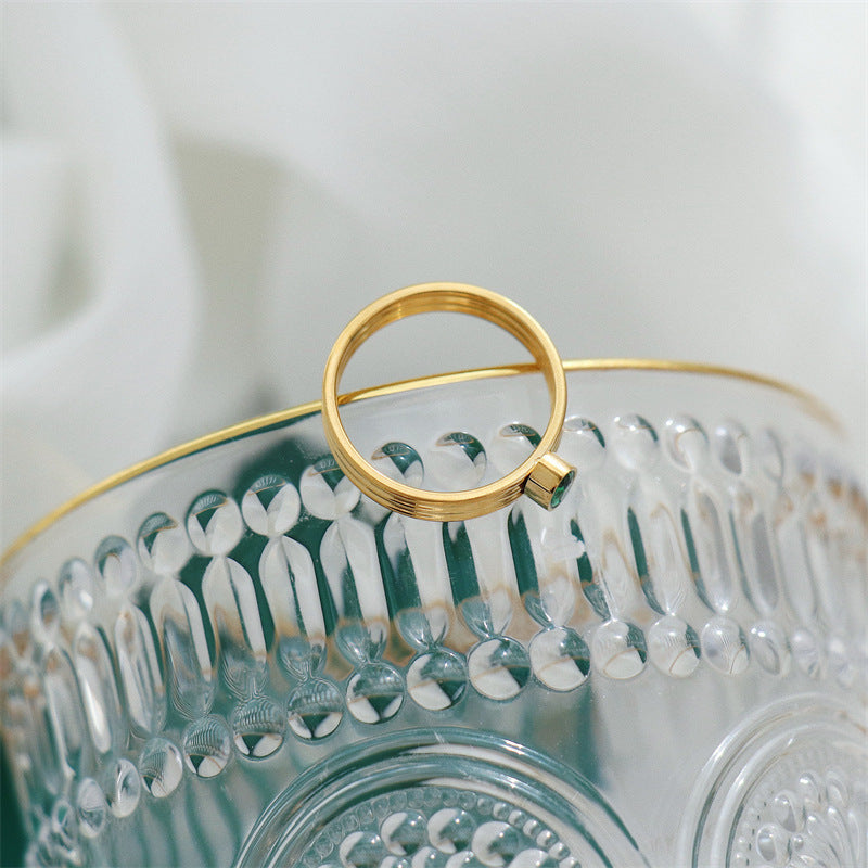 Women's Retro Double Layer Ring Gold Titanium Steel 4mm Band with 5x3mm Diamond Sizes 6 7 8 9 Stylish keepsake