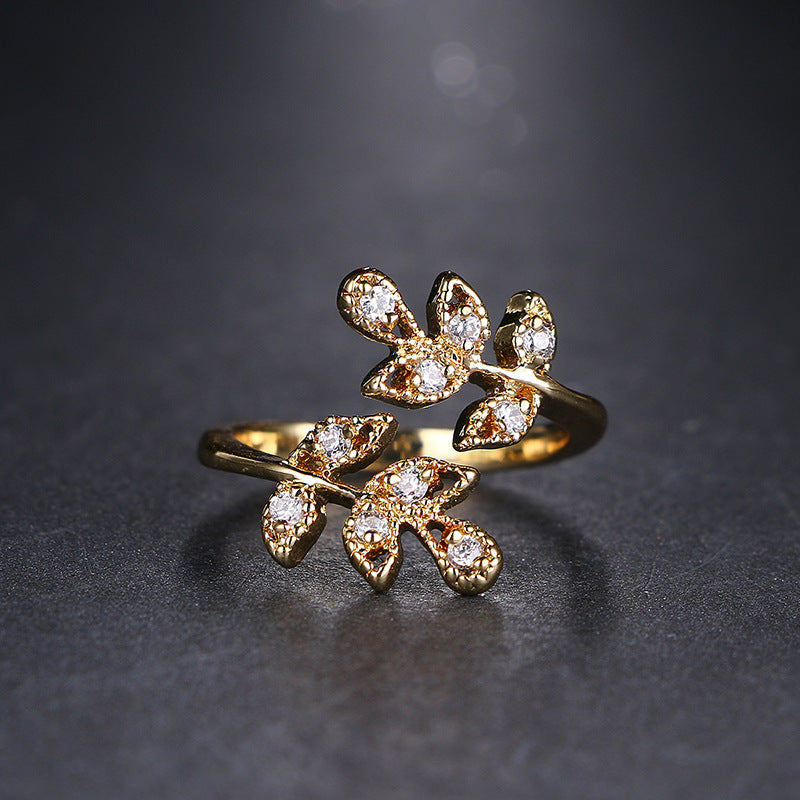 Leaf Shaped Adjustable Ring With Diamond Accent 18K Gold Plated Copper Elegant Jewelry For Her Everyday Style