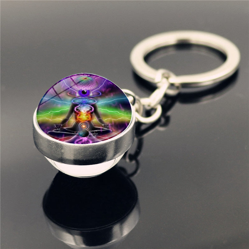 Yoga Keychain Double Sided Glass Ball Pendant Silver Plated Alloy Car Key Ring Bag Charm Decoration Gift Decor