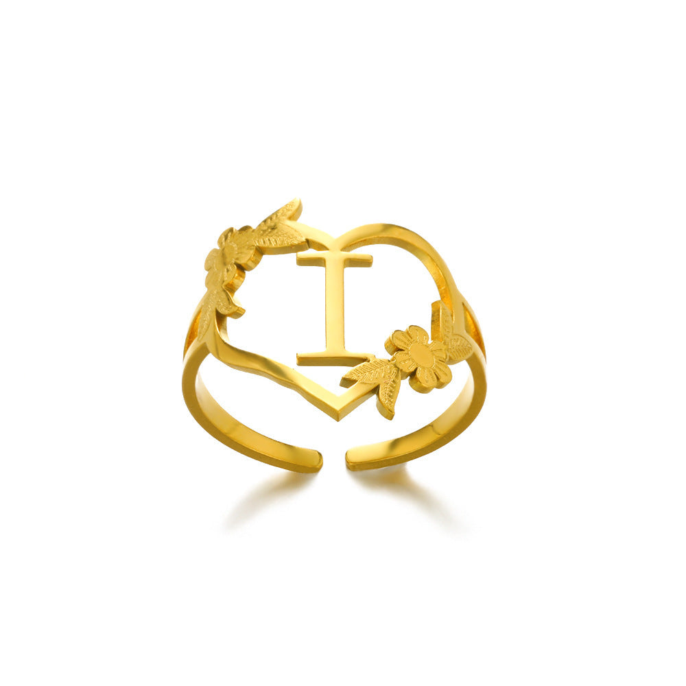 Heart Shaped Initial Rings Women Adjustable Stainless Steel Letters Ring Unisex European Design Letters Numbers