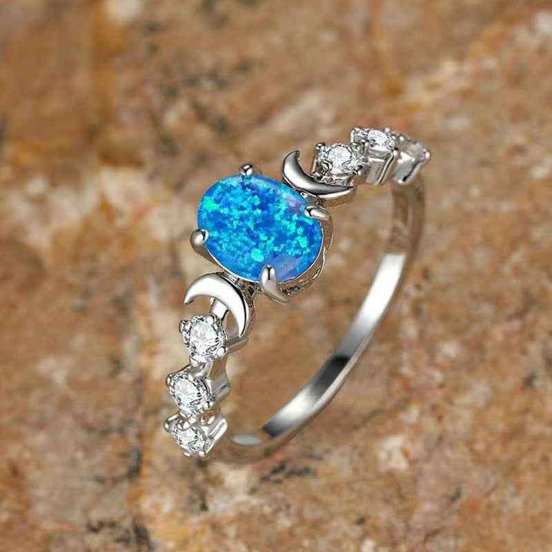 Retro Oval Opal Copper Ring With Geometrical Diamond Studded Design For Women Moon Electroplated Copper Finish