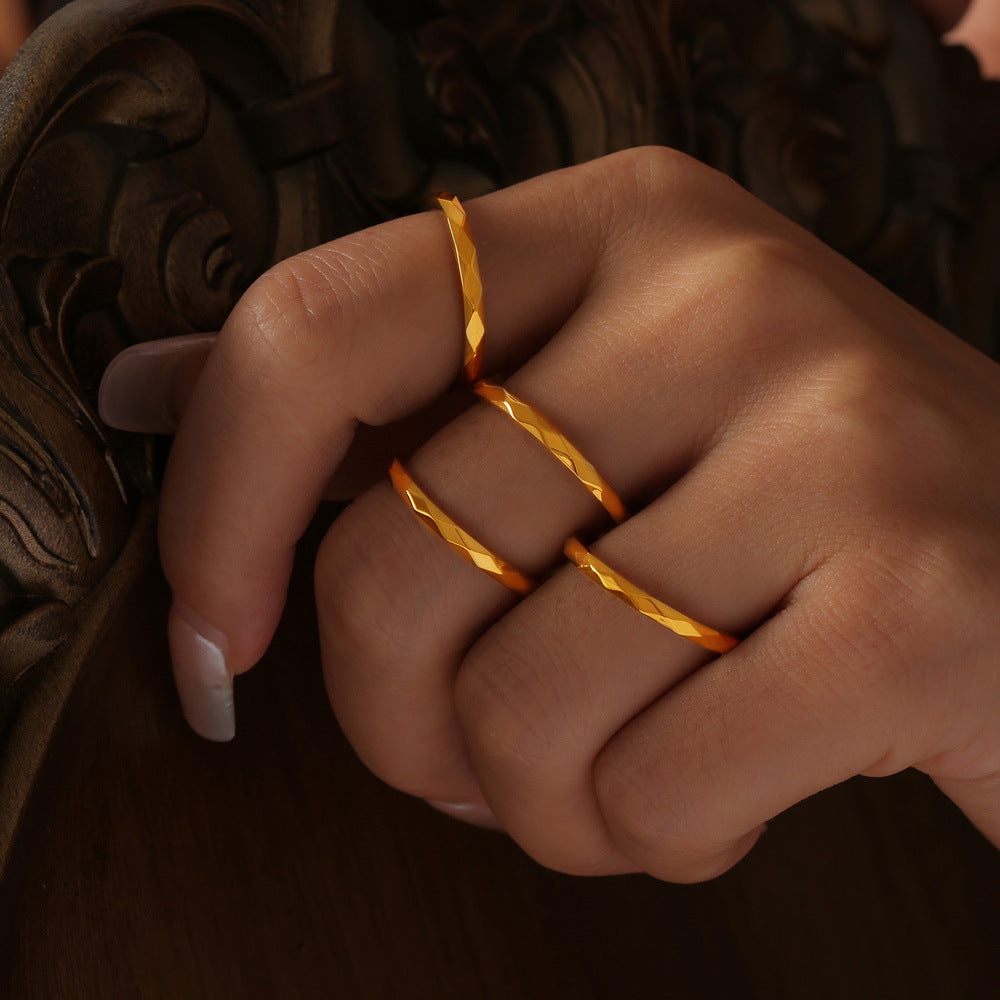 Personalized Minority All Match Fashion Geometry Pattern Prismatic Design Ring Golden Titanium Steel For Women