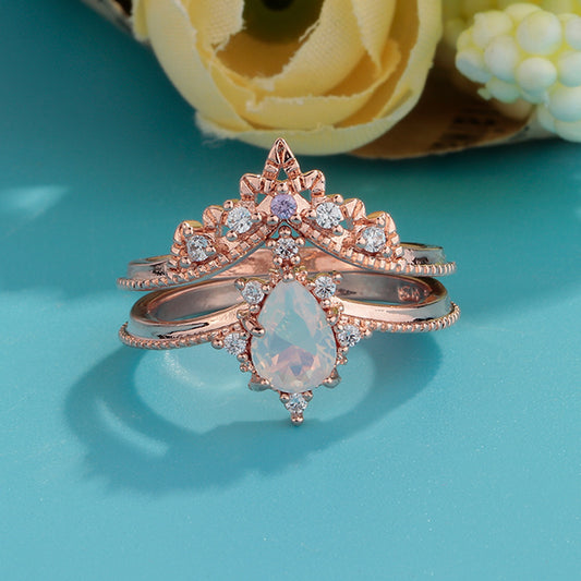 Moonstone Crown Double Ring Set Copper Rose Gold Plated Diamond Accented Elegant Fashion Jewelry For Her Crown