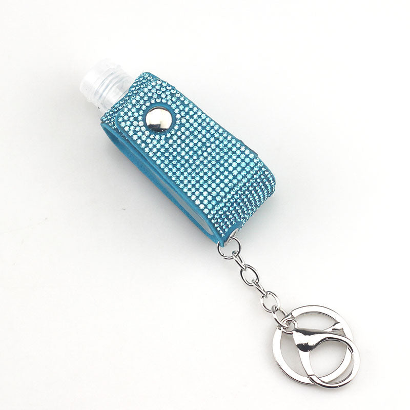 Faux Leather Keychain Diamond Pattern Key Ring with Hot Drilled Design in White AB Lake Blue for Keys Everyday