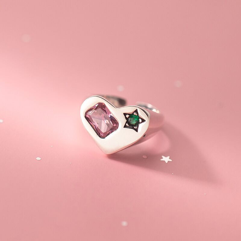 Adjustable Copper Ring For Women With Love Star Zircon Accent Electroplated Retro Silver Tone Gift For Birthday