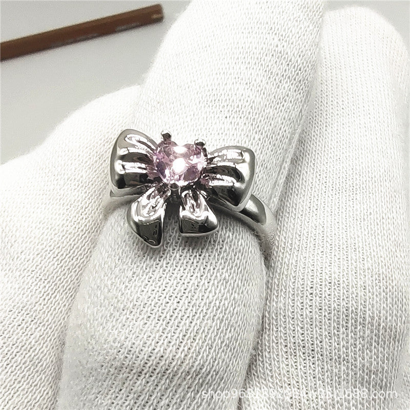 Womens Adjustable Ring Emerald Heart Zircon Bow Copper