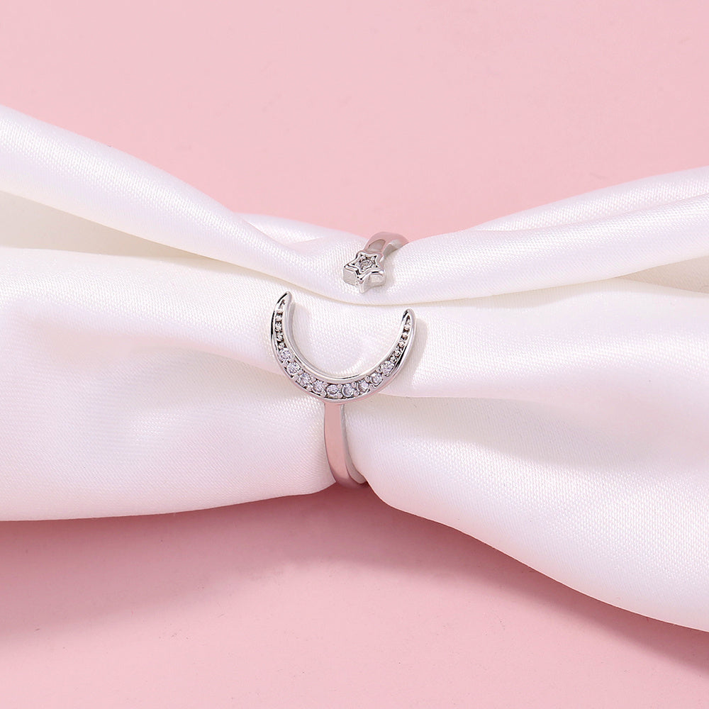 Celestial Star Moon Adjustable Zircon Ring Open Ended Copper Brass Jewelry for Women and Girls Europe And America Style