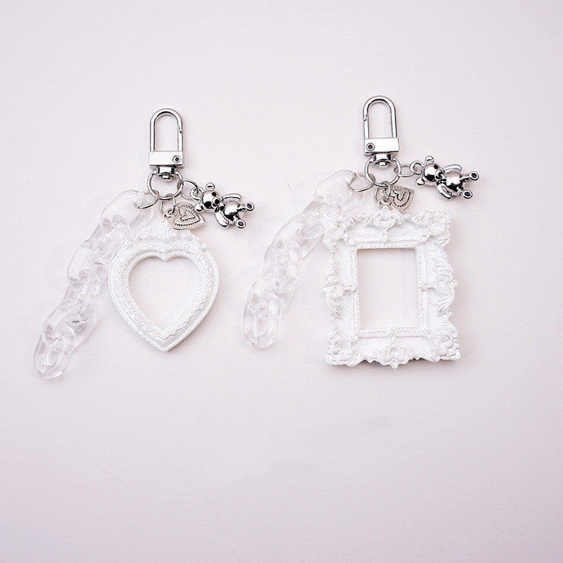 Womens Aluminum Alloy Photo Frame Keychain Pendant Embossed Love Rectangle Design Cute Fashion Accessory Everyday