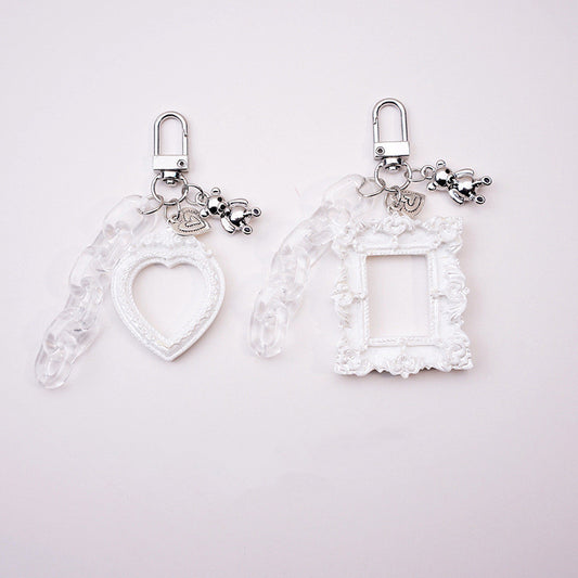 Womens Aluminum Alloy Photo Frame Keychain Pendant Embossed Love Rectangle Design Cute Fashion Accessory Everyday