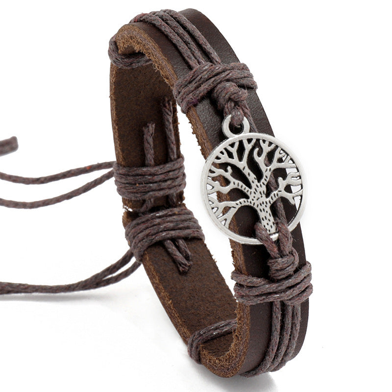 Unisex Leather Bracelet Woven Tree Of Life Geometric Design Vintage European American Jewelry Geometric Design