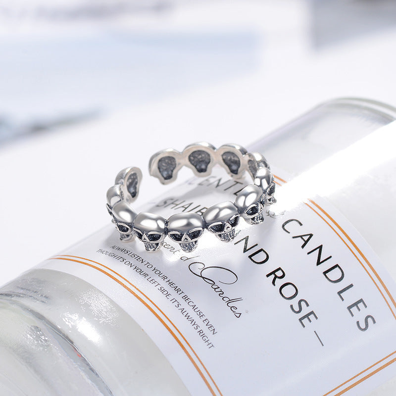 Unisex S925 Sterling Silver Skull Ring Adjustable Opening Retro Distressed Marcasite Jewelry Travel Commemoration