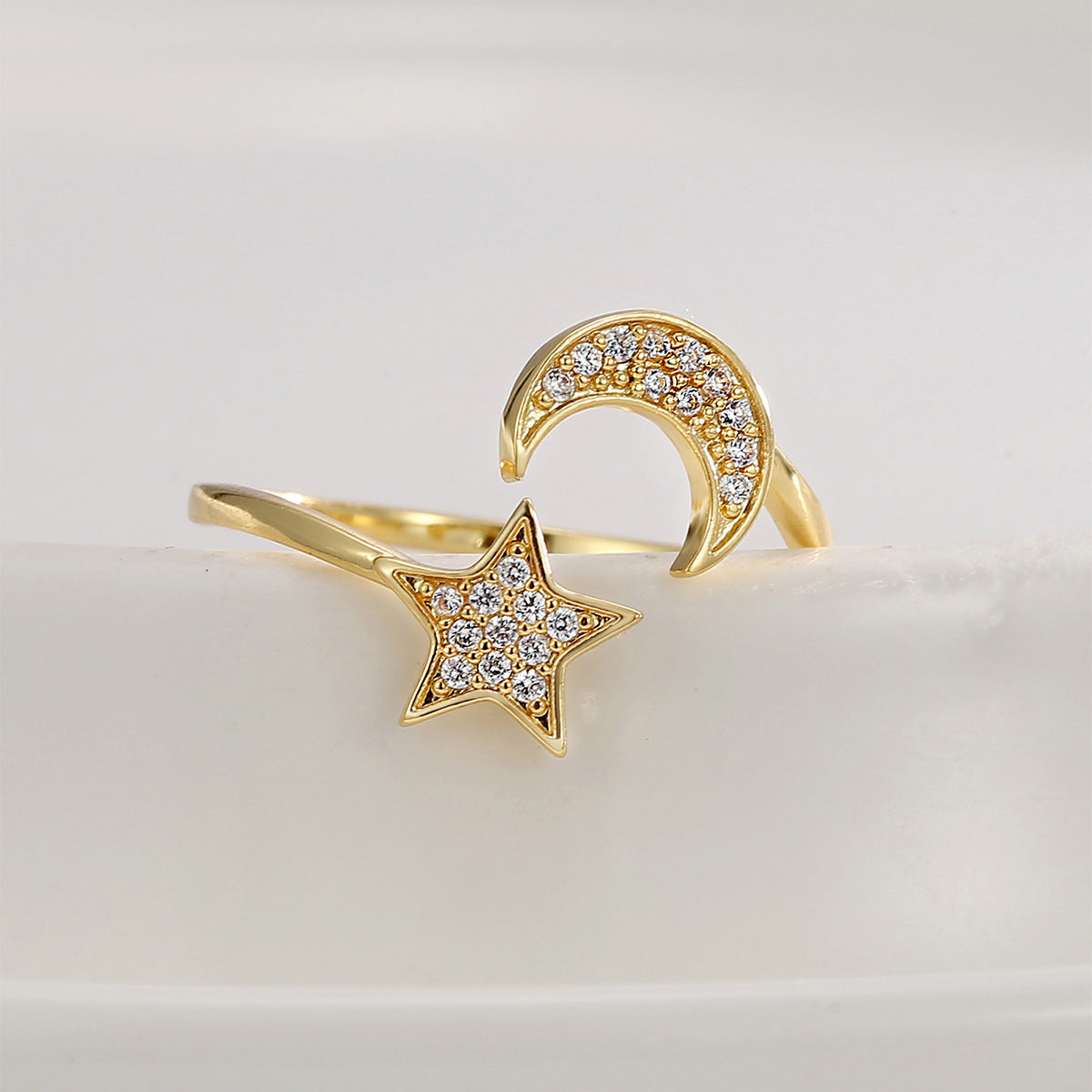 Gold Zircon Ring For Women Adjustable Copper Moon And Star Design Elegant Jewelry Open Ring Band Everyday Wear