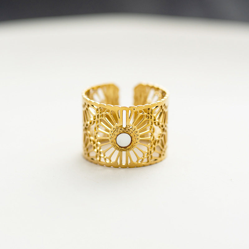 Women Titanium Steel Ring Adjustable Shell Flower Hollow Design Jewelry for Her Fashion Jewelry for Daily Wear