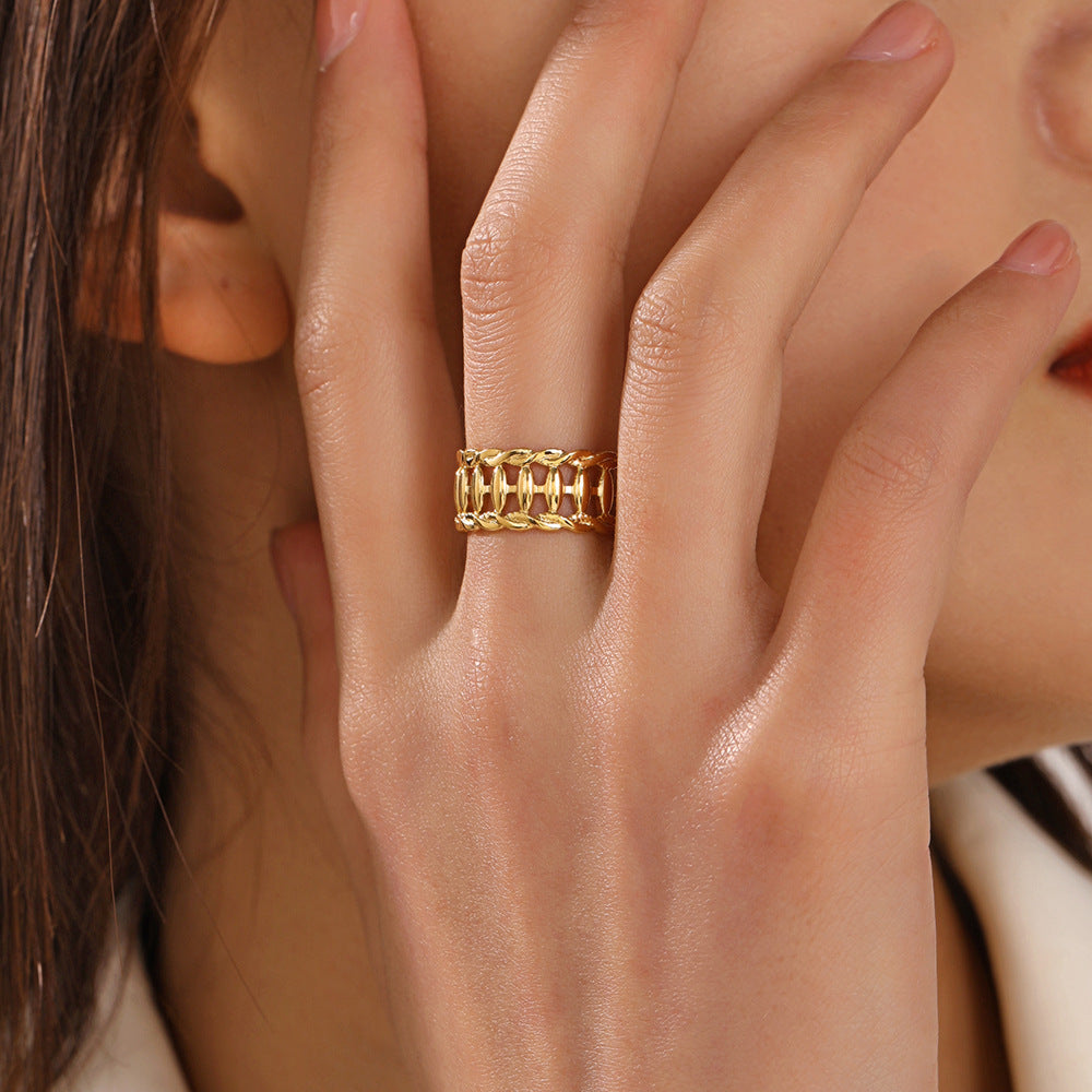 Womens Adjustable Stainless Steel Open Ring Geometric Round European Style Gold or Steel Finish Open Mouth Design