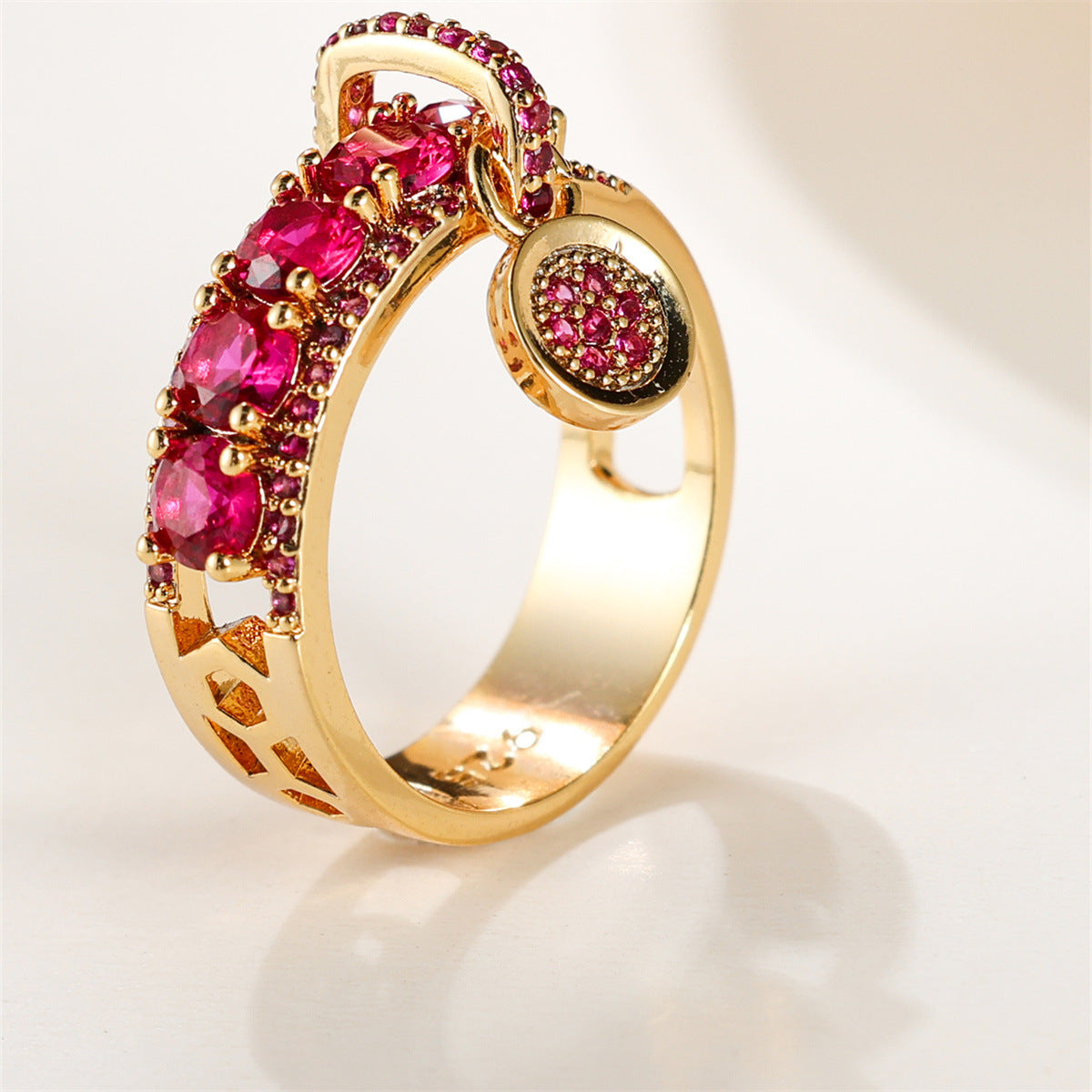 Retro Disc Ring for Women Copper Geometric Band in Gold Sapphire Blue Emerald Pink Diamond Purple Diamond Rose Red