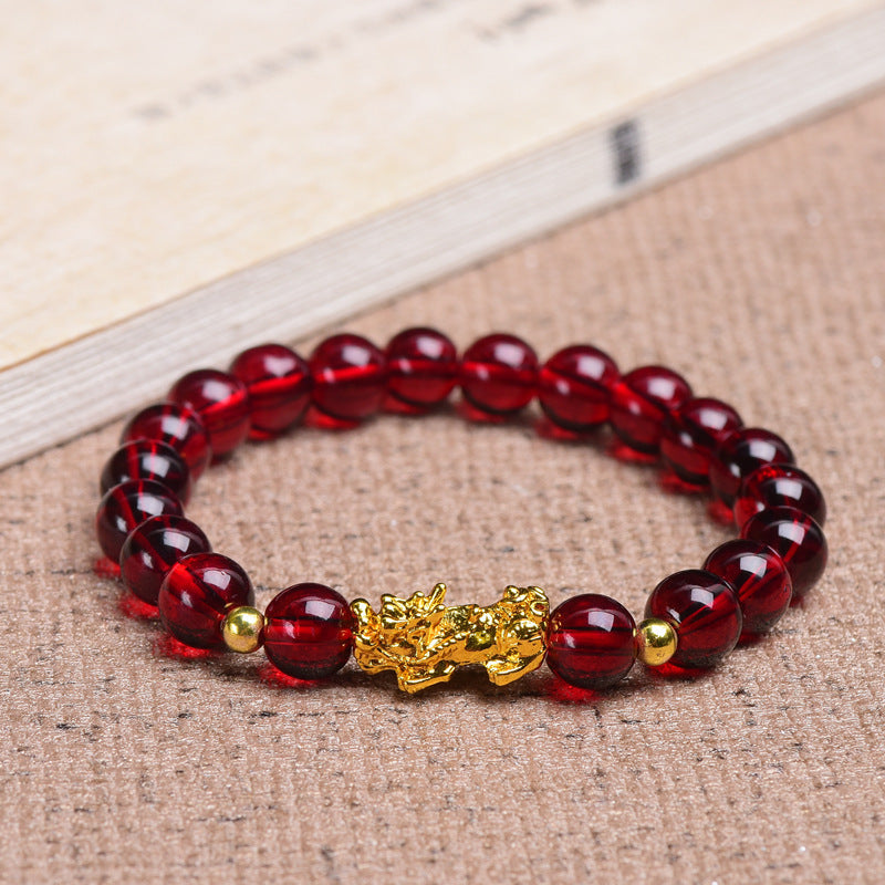 Womens Garnet Pixiu Glass Bracelet With Metal Elements National Design Animal Zodiac Jewelry Anti Fatigue Gift