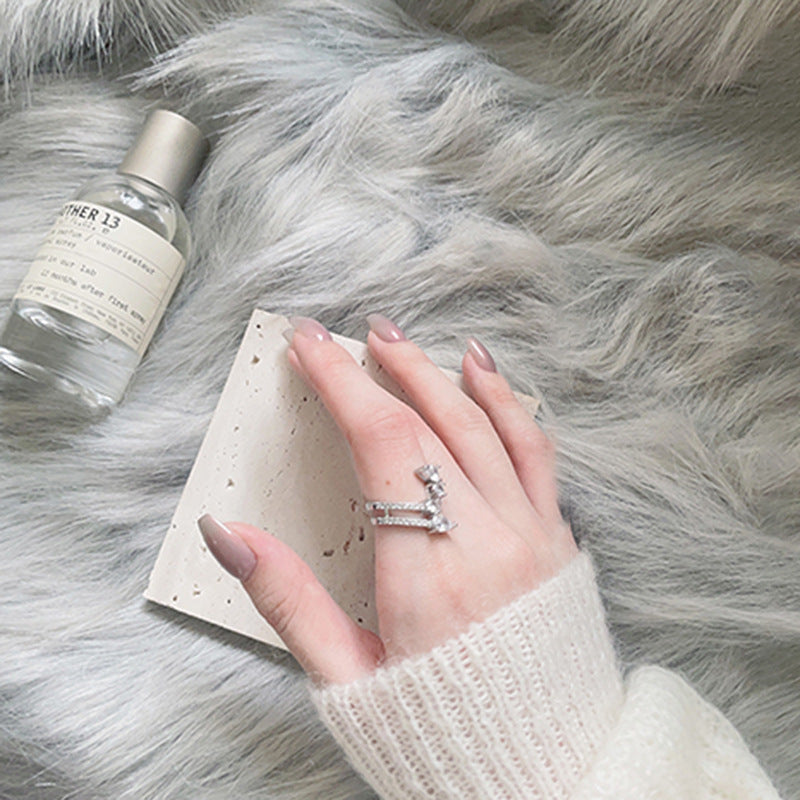 Womens Zircon Water Drop Copper Geometric Ring Open Adjustable Dual Layer Elegant Chic Jewelry Gift Idea Today