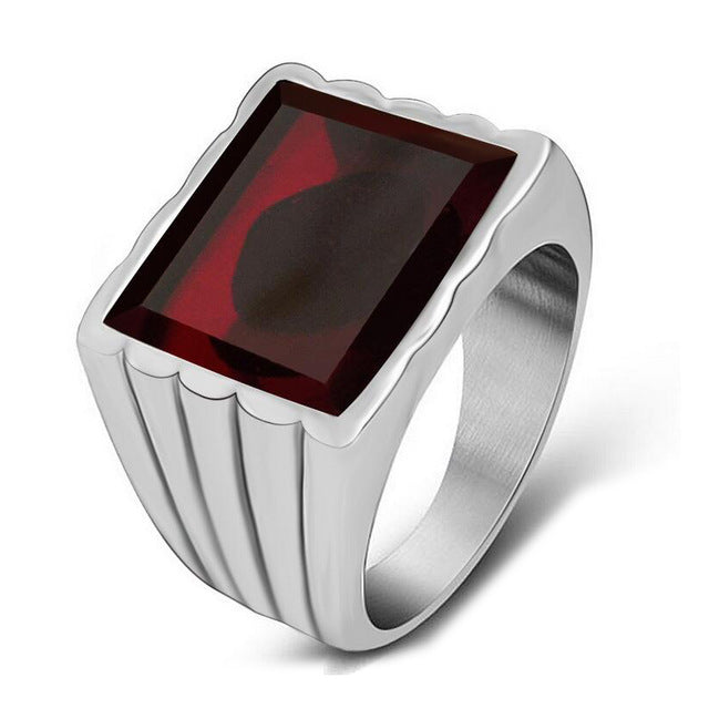 Couple Rings Vintage Titanium Steel Fashion Rings With Geometric Design And Square Gemstone Accent Red And Black Rings