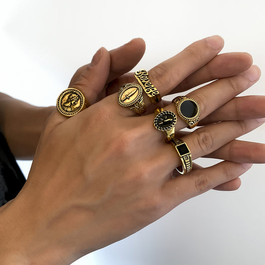 Mens Retro Geometric Ring Gold Plated Metal Jewelry