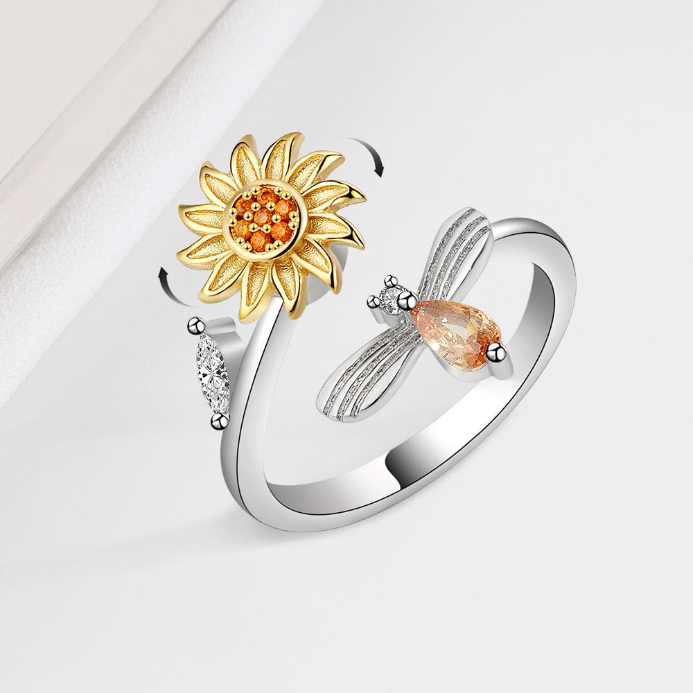 Rotating Sunflower Geometric Silver Ring Electroplated