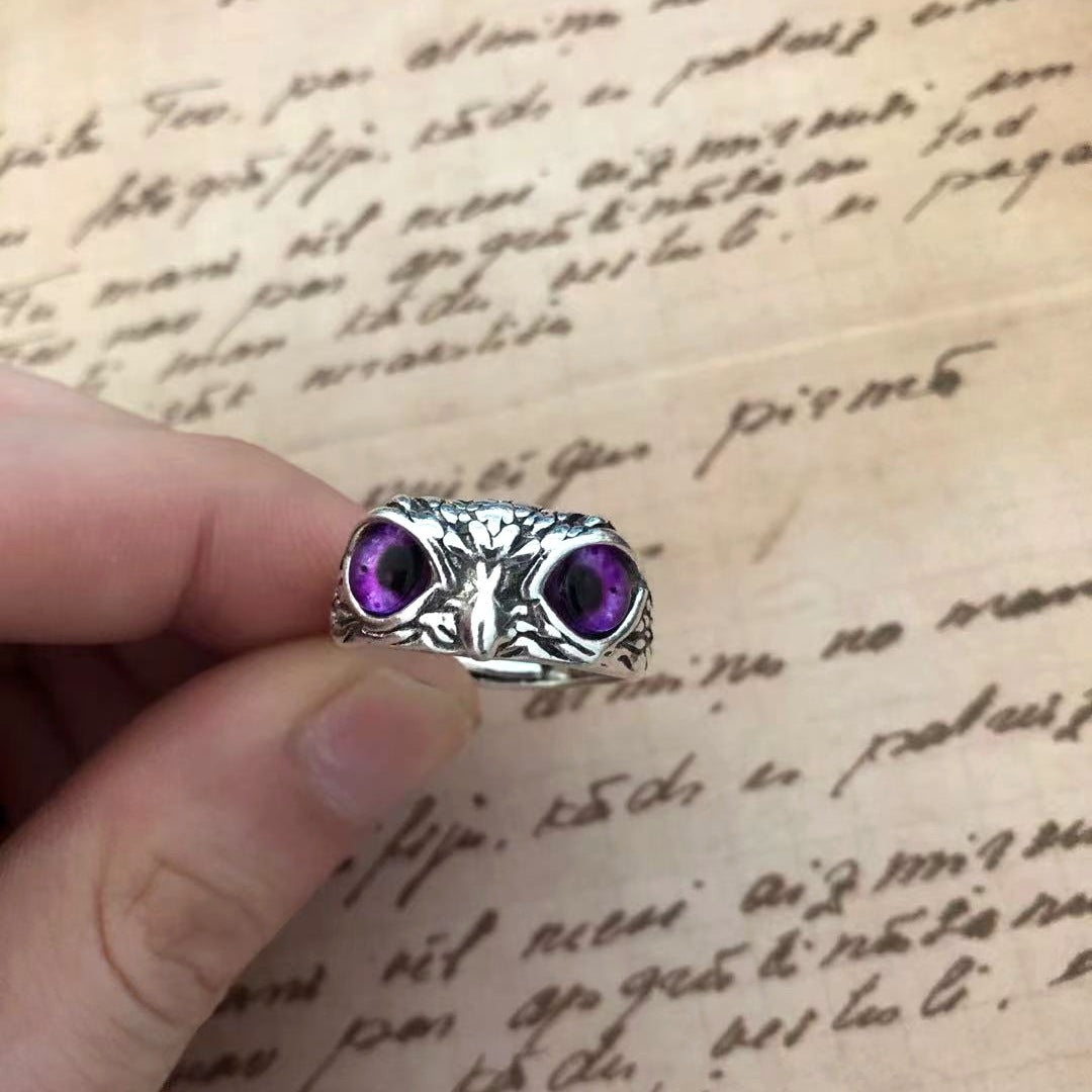 Vintage Owl Ring With Gemstone Adjustable Silver Jewelry Animal Zodiac Design Gift For Men Women Unisex Accessory
