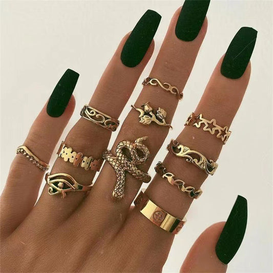 Vintage Punk Alloy Ring Set 11 Piece Geometric Designs For Women And Girls Individually Packed Retro Fashion Collection
