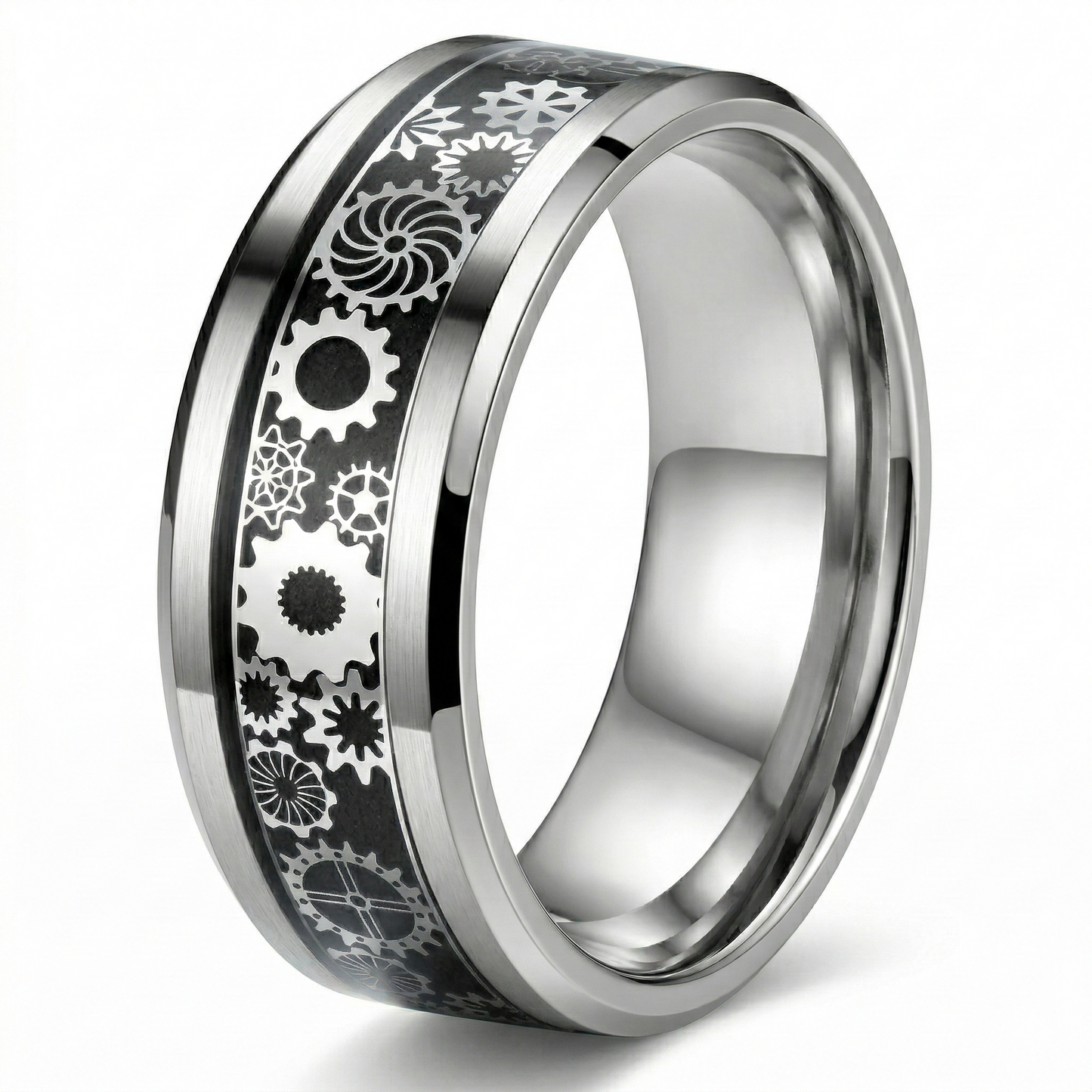 Titanium Steel Gear Spinner Ring for Men & Women, 8mm Rotating U-Shaped Geometric Band, Unisex Fidget Anxiety Ring