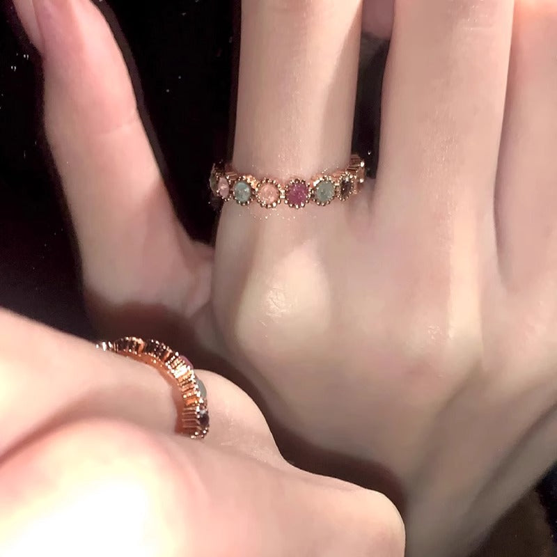 Womens Adjustable Open Ring With Colorful Rhinestones Round Geometry Design Copper Exotic Statement Ring For Daily Wear