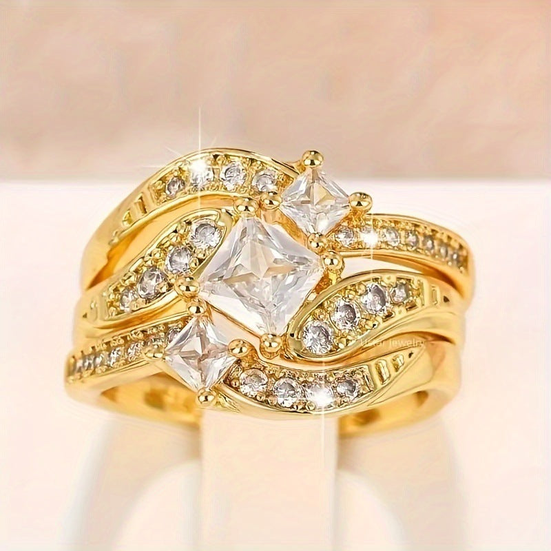 Womens Gold Plated Ring Set Three Piece Alloy Rings With Diamond Studded Detail Japanese Korean Style Sparkles