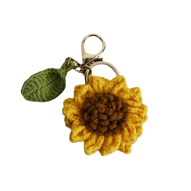 Handwoven Wool Keychain Rose And Sunflower Plant Design Pendant Handcrafted Woolen Accessory For Nature Lovers
