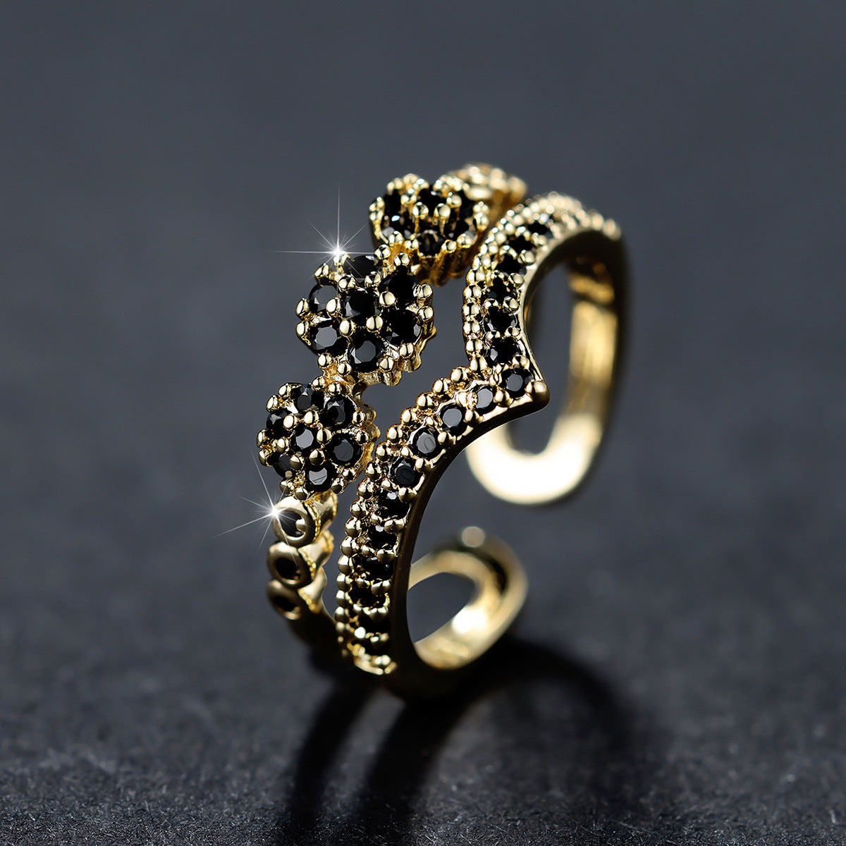 Womens Double Layer V Shaped Adjustable Open Ring Zircon Copper Fashion Jewelry Dainty Delicate Ring Statement