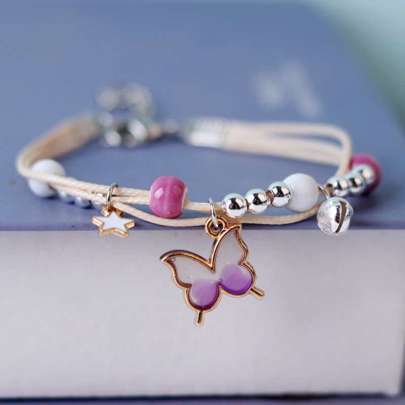 Womens Hand Woven Butterfly Charm Bracelet Adjustable Alloy Featuring Flower Bow Geometry and Letter Blue Pink