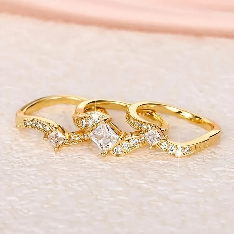 Womens Gold Plated Ring Set Three Piece Alloy Rings With Diamond Studded Detail Japanese Korean Style Sparkles