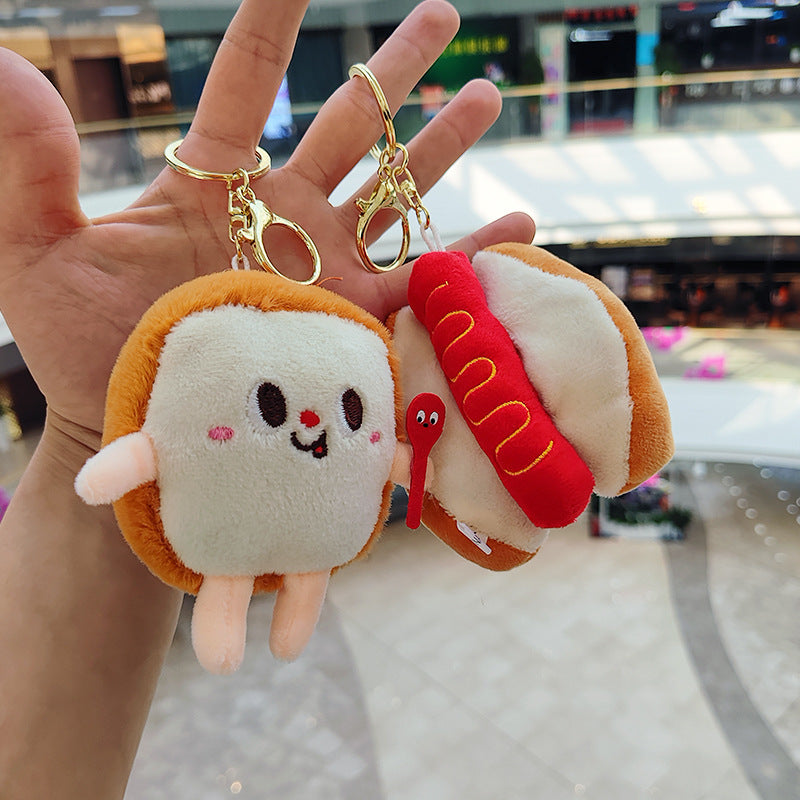 Food Keychains Plush Hamburger Fries Hot Dog Chicken Leg Toast Chips Cute Cartoon Food Dolls Pendant Keys Bags
