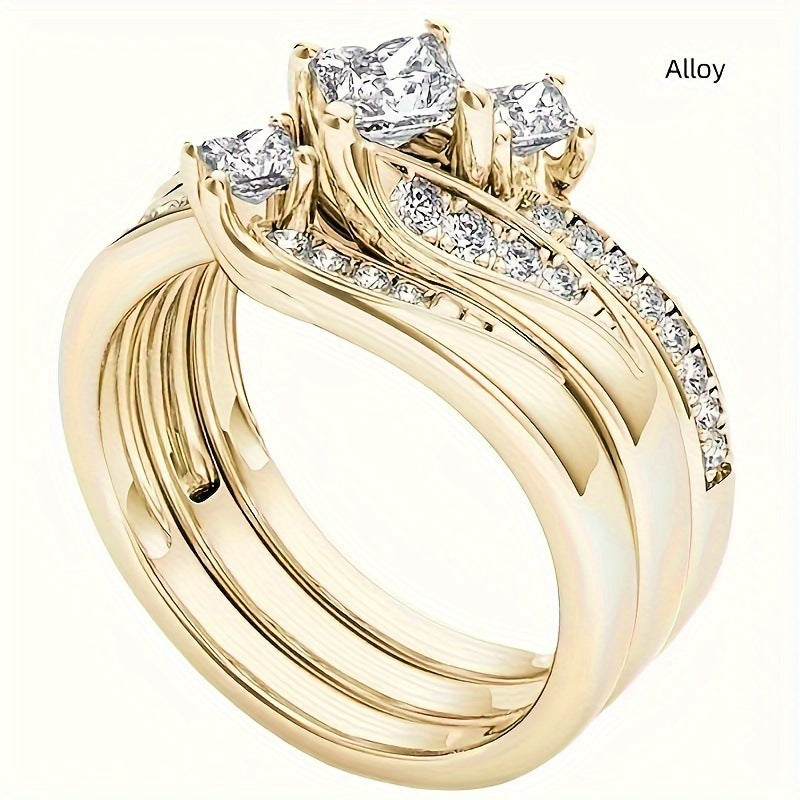 Womens Gold Plated Ring Set Three Piece Alloy Rings With Diamond Studded Detail Japanese Korean Style Sparkles