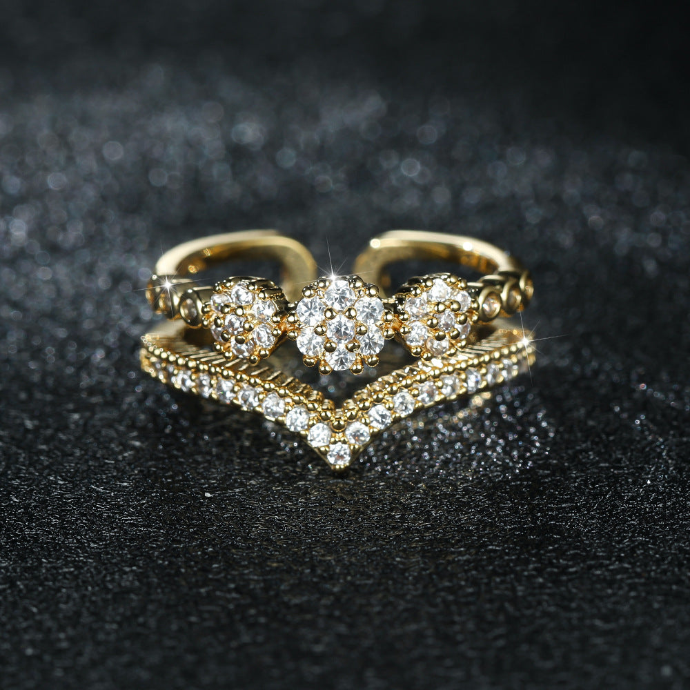 Womens Double Layer V Shaped Adjustable Open Ring Zircon Copper Fashion Jewelry Dainty Delicate Ring Statement