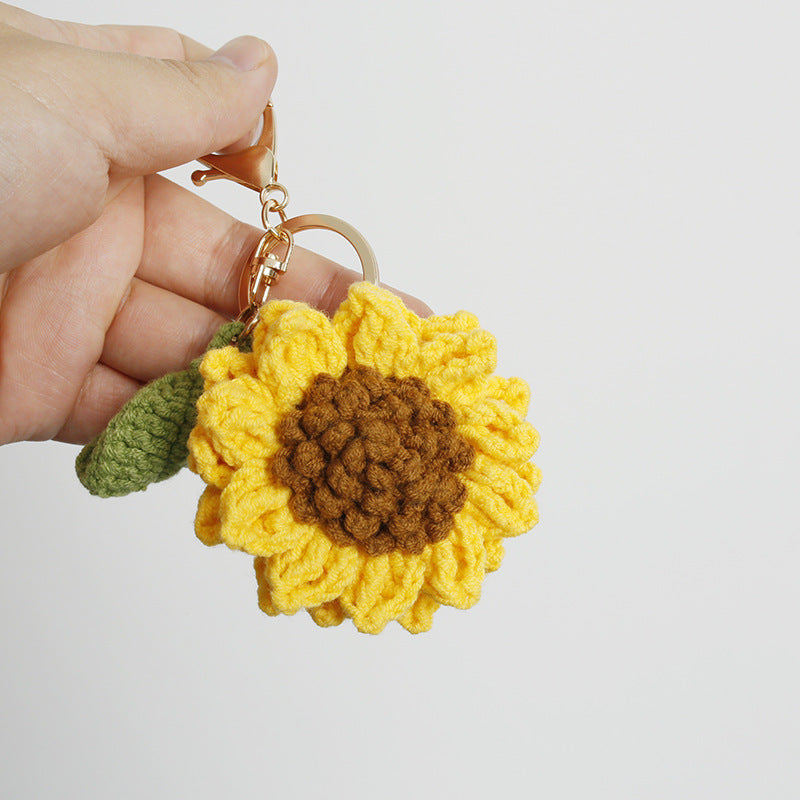 Handwoven Wool Keychain Rose And Sunflower Plant Design Pendant Handcrafted Woolen Accessory For Nature Lovers